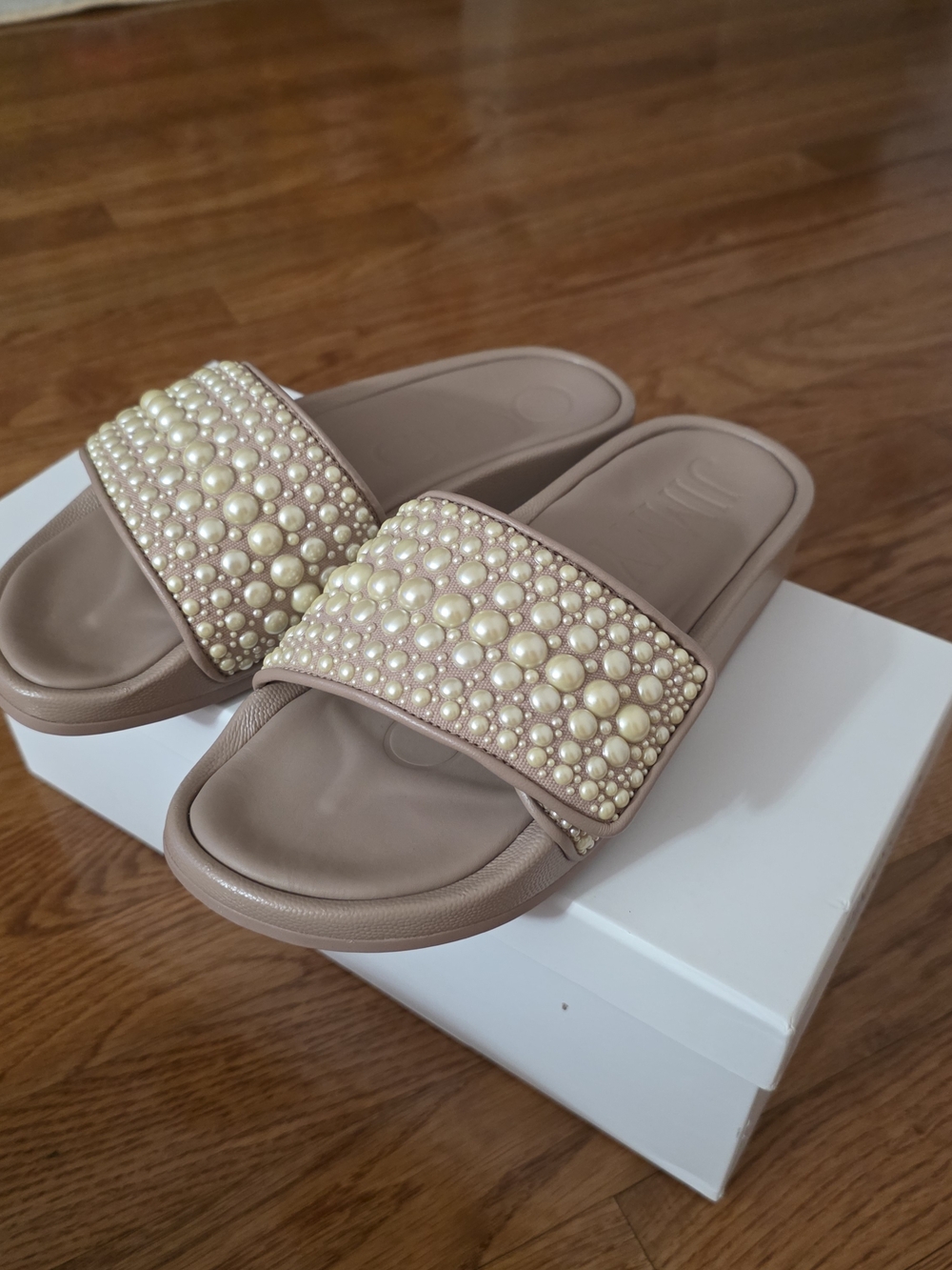Jimmy Choo Pearl-Embellished Beige Slide Sandals